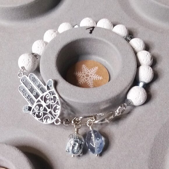 White Lava Bead Bracelet | Hamsa Hand & Buddha Charms | Blessings & Protection - Picture 6 of 10
